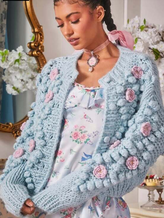 Sugar Thrillz Sweaters - Sugar Thrillz Floral Knit Cardigan With Pom Poms - Blue